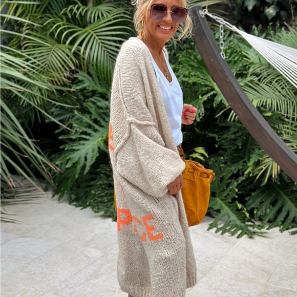 New Oversized Long Peace & Love Sweater Jacket Duster Chunky Knit - Oatmeal - Picture 5 of 10